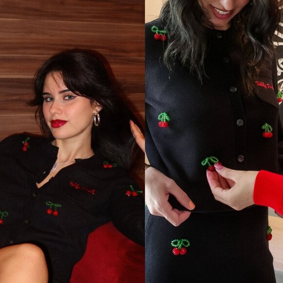 Teddy Fresh Cherry on Top Beaded Cardigan Sweater Top Black Red 3X Cherries - Picture 3 of 13